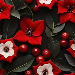 a group of red flowers and green leaves with berries on them
