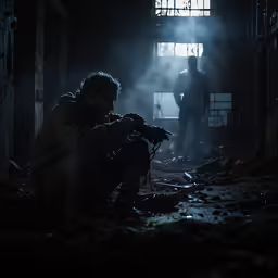 a man crouching down in an abandoned building