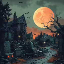 a painting of a spooky halloween night scene