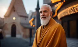 the elderly man is wearing a yellow robe