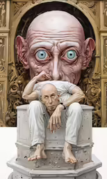 a man sitting on top of a large sculpture