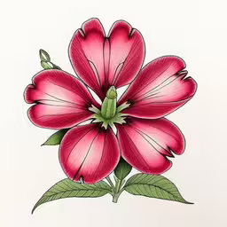 a drawing of flowers is shown on a wall,this is a drawing of a beautiful flower,an image of pink flowers on a white sheet,a pink flower with leaves is drawn on white paper,a flower in pink is on the side of a wall