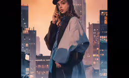 a woman standing in front of a city skyline at sunset with a phone