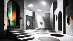 a group of stairs with decorative shapes on them