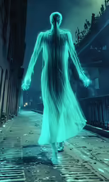 a ghost walks down the street in front of a building