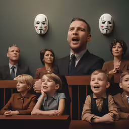 a man with several children wearing creepy masks