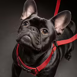 a french bulldog looking up at the camera