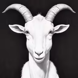 the painting shows a white goat with large curled horns