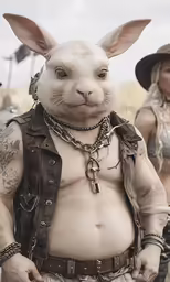 a bunny man in a tank top with chains around his arms