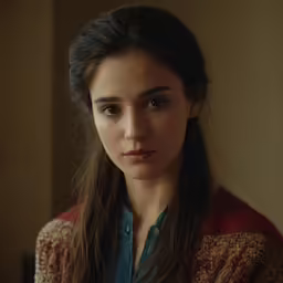 a woman with long hair looking into the camera