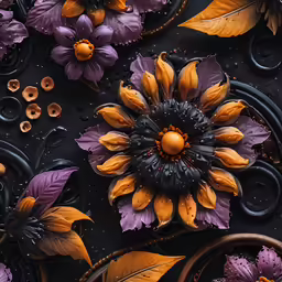 closeup of various floral designs on a black surface