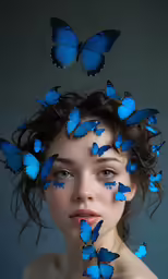 the young girl is wearing blue butterflies on her head
