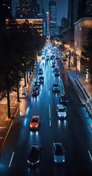 a bunch of cars going down a city street in the night