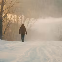 a person walking in the snow near the woods
