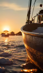 a sailboat sails on ice in the water at sunset