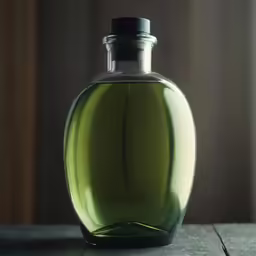 a glass bottle that is sitting on the table