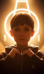 a woman with short hair standing against a light