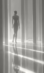 a person walks in front of a lot of columns