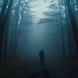 a man walking through a dark woods on a foggy path