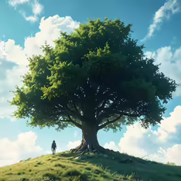 two men standing near an enormous tree on a hill
