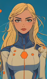 a blonde anime girl is standing next to an orange ball