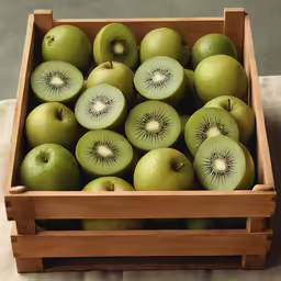 an open wooden box filled with green apples