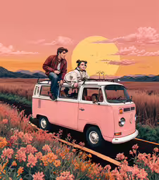 there is a pink van with two men on top and a flower field behind it,a man riding on the roof of a pink van