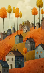there are many houses on a hill with orange leaves