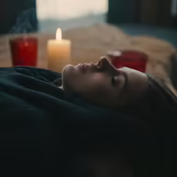 a woman laying down on the floor next to candles