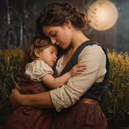 a woman holding a small child while standing in a field of flowers