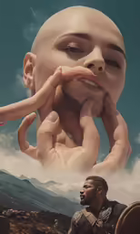 a man looks like he is floating above a giant man