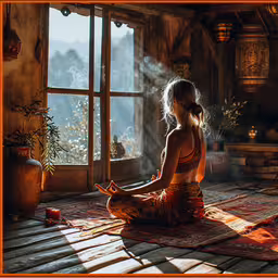 there is a woman in a lotus position,a young lady is meditating in the bright light of the open air