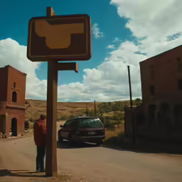 a man standing next to a road sign that says stop