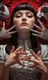 a young woman with her hands covered by fake blood, is surrounded by skulls
