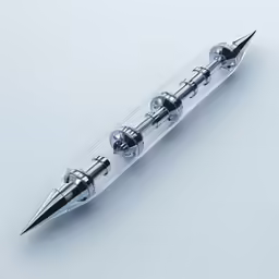a very shiny metal pen with a small boat