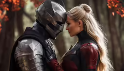 a woman and man dressed in costumes in the woods