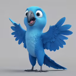 a blue bird with eyes closed and his wings spread out