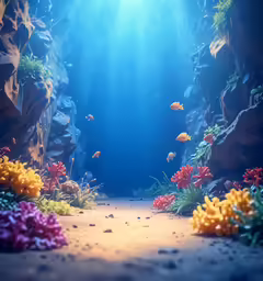 underwater scene with lots of corals, fish and other vegetation