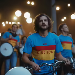 a man in a blue shirt with a band around his neck