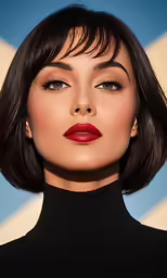 a close up of a woman with short hair and a red lipstick