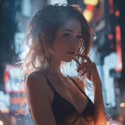 a woman wearing black lingerie with her hand on her lips