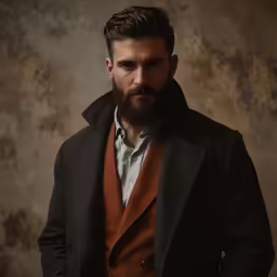 a man in a suit and brown sweater posing for a photo