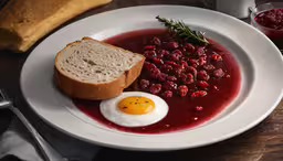 a breakfast of eggs and red beans served on a white plate,the food has been cooked and on the plate