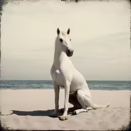 the large white horse is sitting on the beach