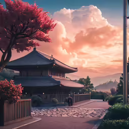 the sun is setting at an oriental style temple