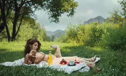a lady laying in the grass with a glass of wine