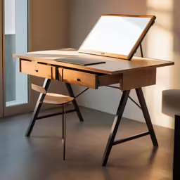 a desk with a laptop and a chair sitting by it