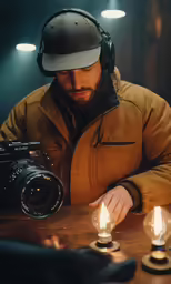 man wearing ear phones over head touching two lights