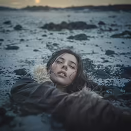 woman laying on the sand with a snow covered face