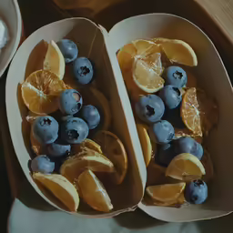 two trays filled with blueberries, lemon and orange slices